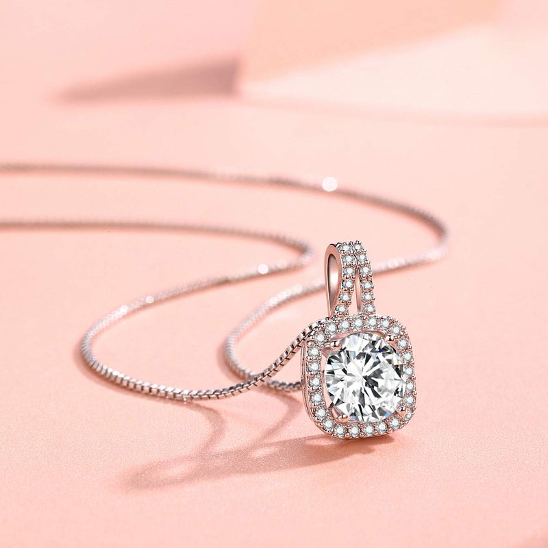 SBLING Platinum Plated Cubic Zirconia Cushion Shape Halo Pendant Necklace - Image 2